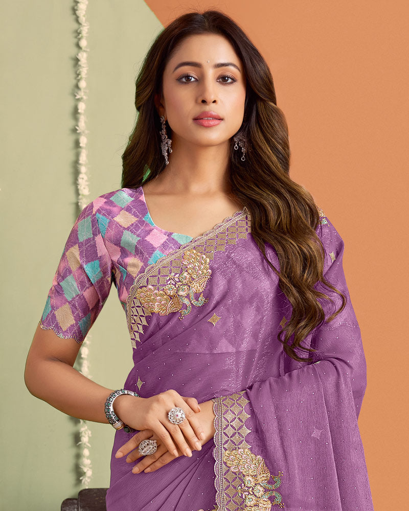 Lavender Designer Chiffon Saree With Embroidery-Diamond Work And Cut Work Fancy Border