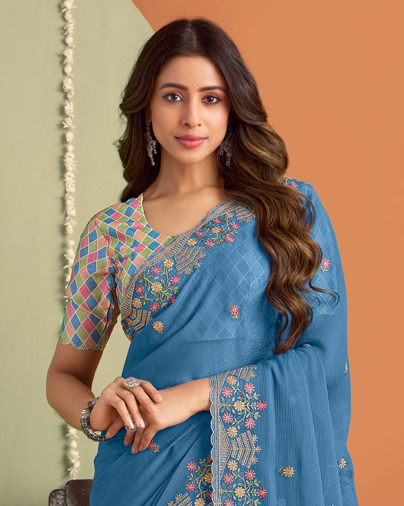 Electric Blue Designer Chiffon Saree With Embroidery-Diamond Work And Cut Work Fancy Border