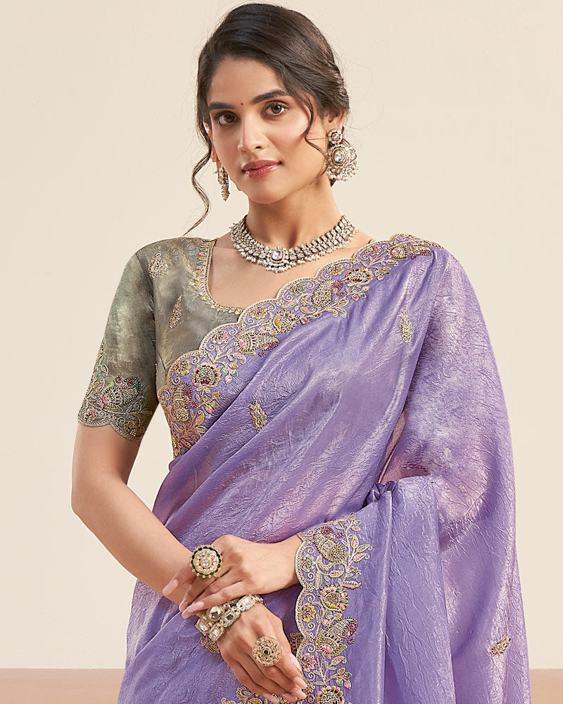Dusty Lavender Designer Gold Crush Saree With Embroidery-Diamond Work And Cut Work Border