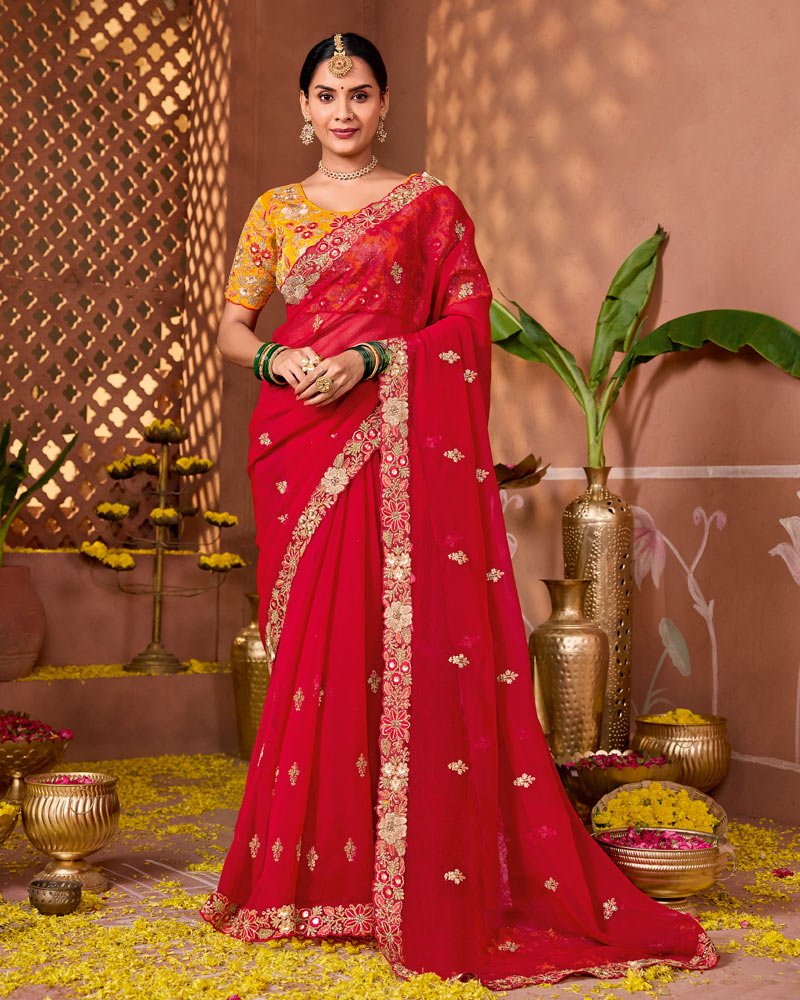 Chili Red Designer Fancy Chiffon Saree With Zari Embroidery-Diamond Work And Cut Work Border