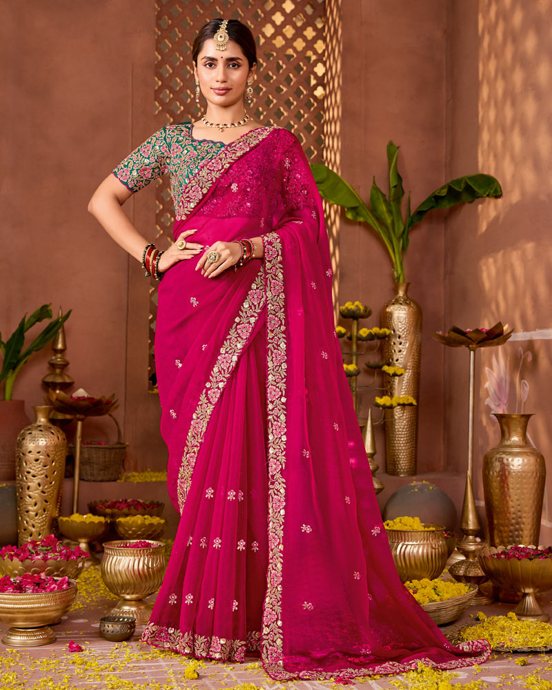 Light Purple Red Designer Fancy Chiffon Saree With Zari Embroidery-Diamond Work And Cut Work Border