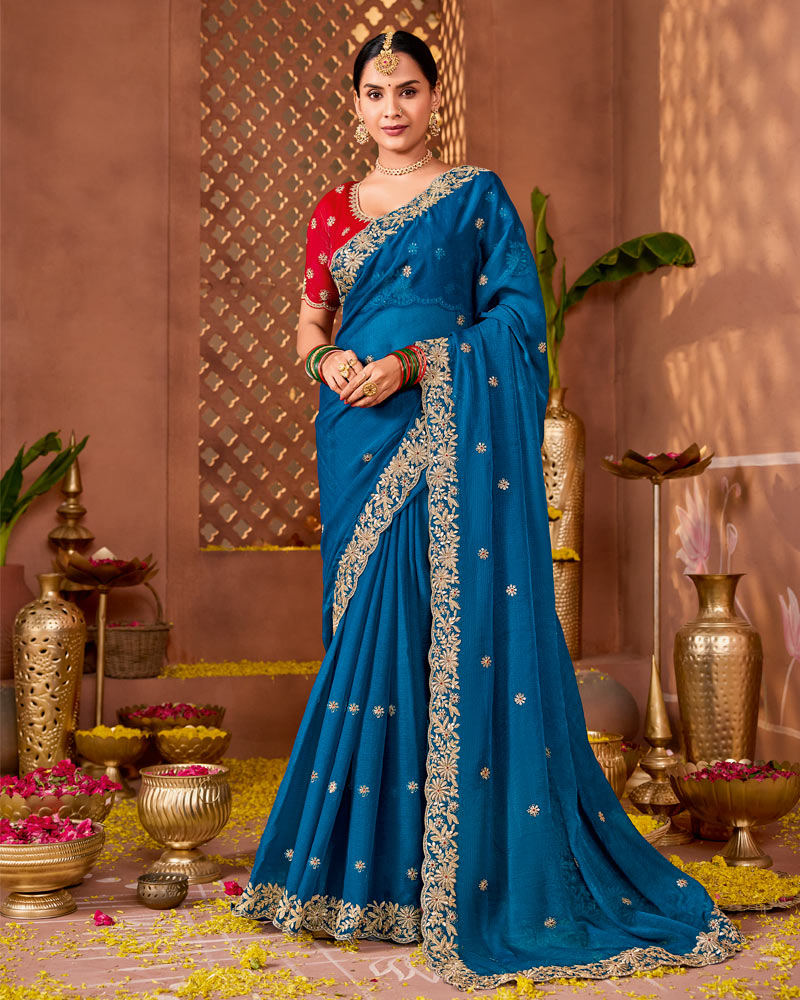 Venice Blue Designer Fancy Chiffon Saree With Zari Embroidery-Diamond Work And Cut Work Border