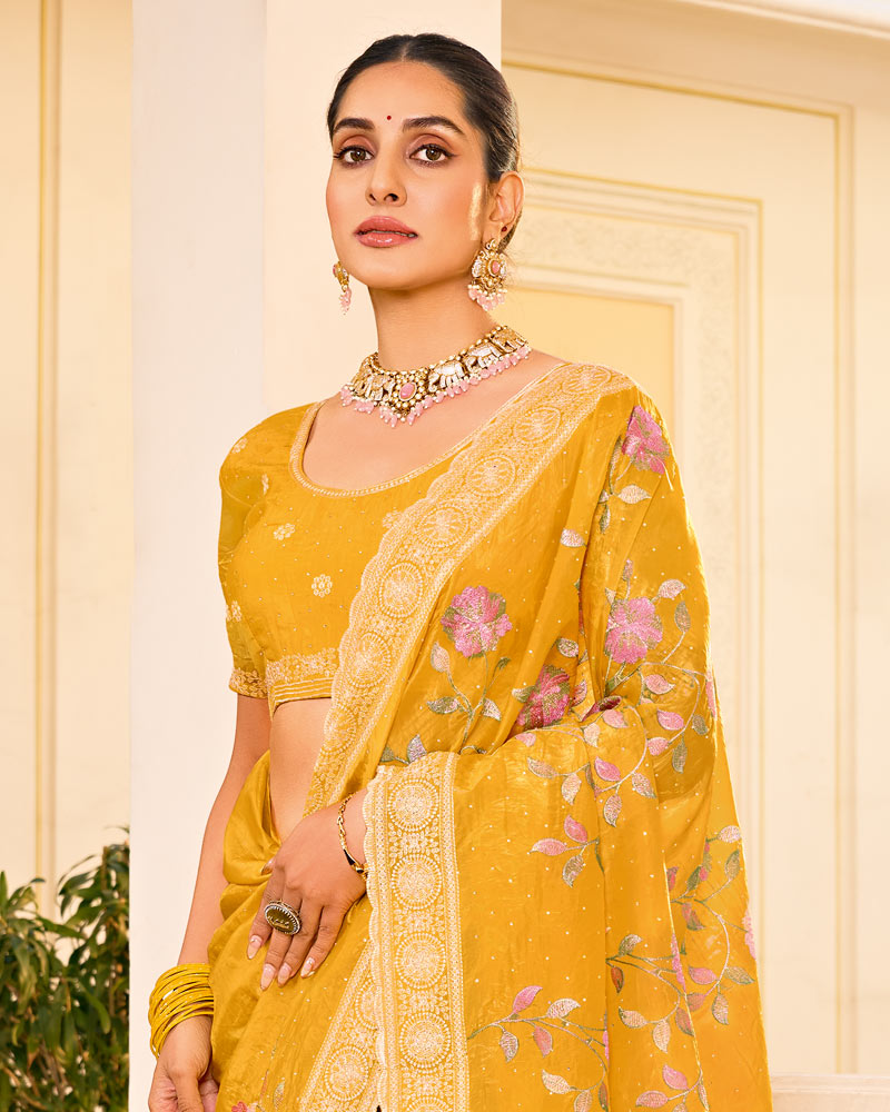 Mustard Yellow Designer Gold Crush Saree With Embroidery-Diamond Work And Cut Work Border