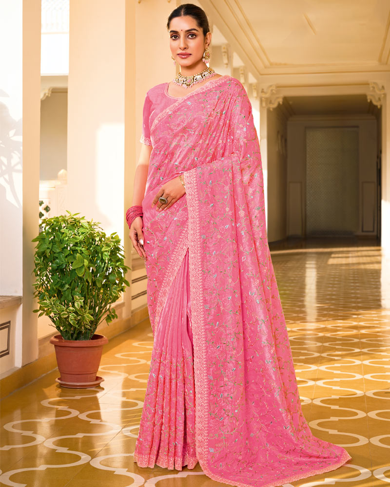 Rosy Pink Designer Gold Crush Saree With Embroidery-Diamond Work And Cut Work Border