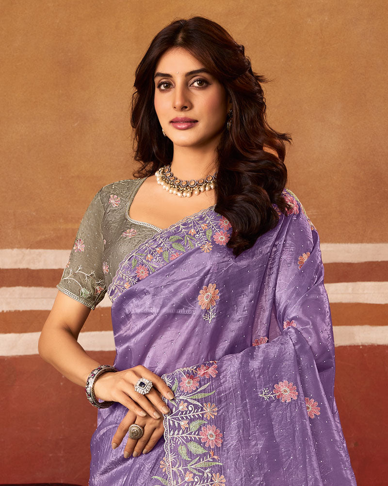 Lilac Designer Crushed Tissue Saree With Thread Embroidery-Diamond Work And Cut Work Embroidery Border