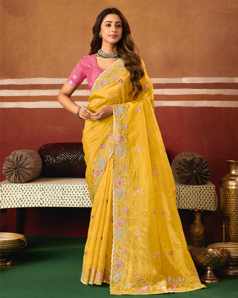 Bright Yellow Designer Crushed Tissue Saree With Thread Embroidery-Diamond Work And Cut Work Embroidery Border