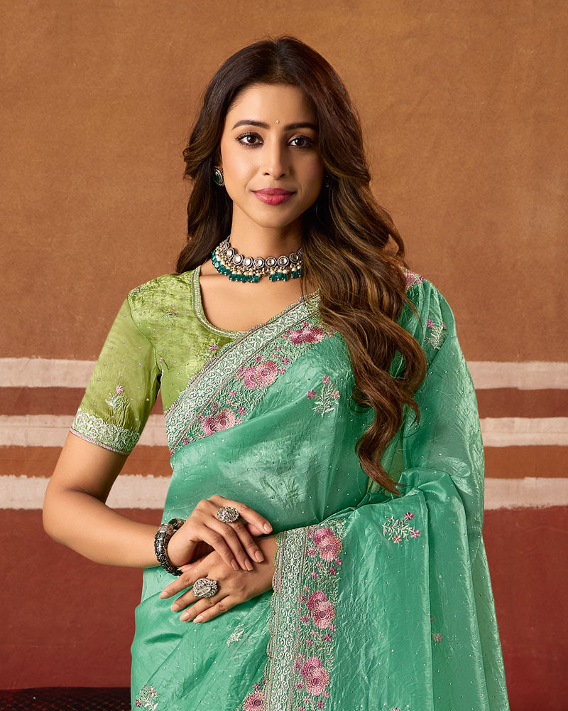 Teal Green Designer Crushed Tissue Saree With Thread Embroidery-Diamond Work And Cut Work Embroidery Border