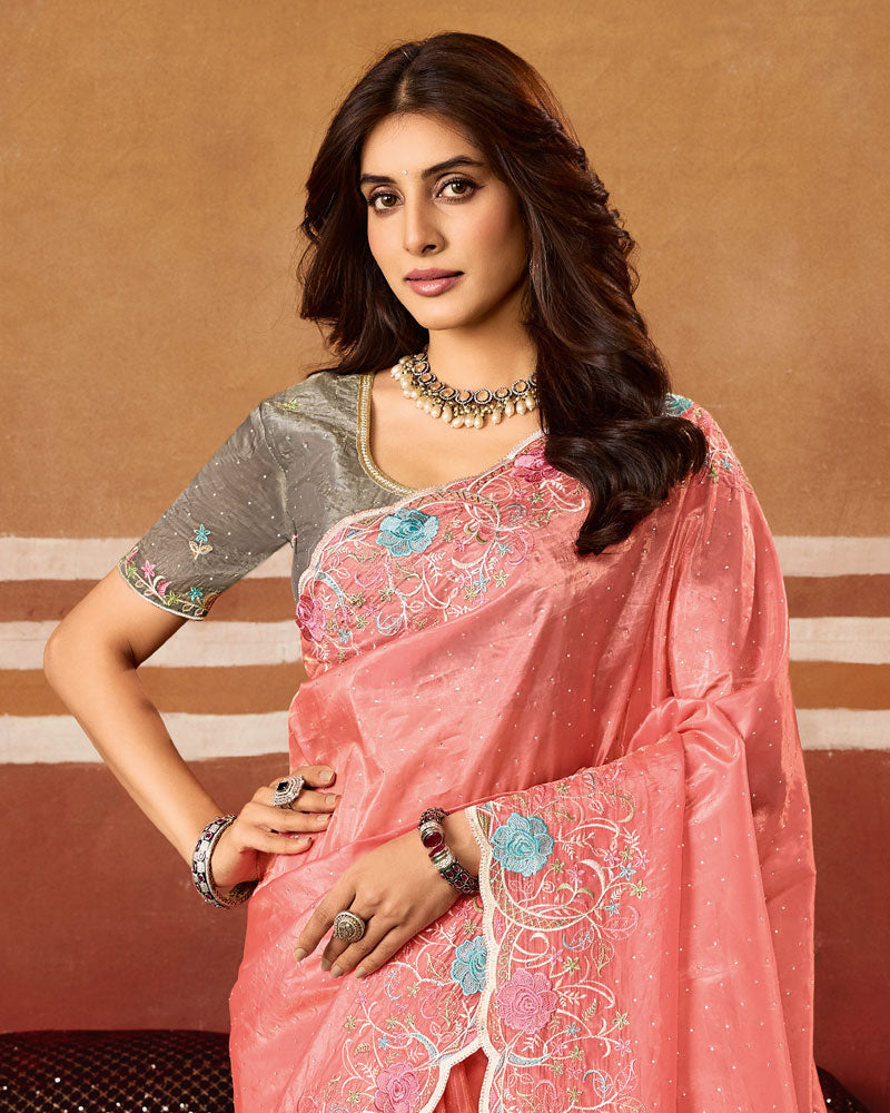 Peach Designer Crushed Tissue Saree With Thread Embroidery-Diamond Work And Cut Work Embroidery Border