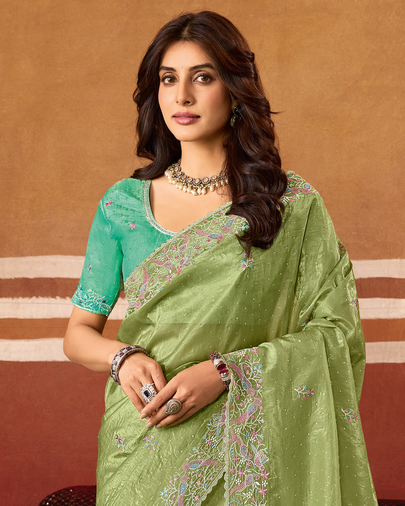 Pista Green Designer Crushed Tissue Saree With Thread Embroidery-Diamond Work And Cut Work Embroidery Border