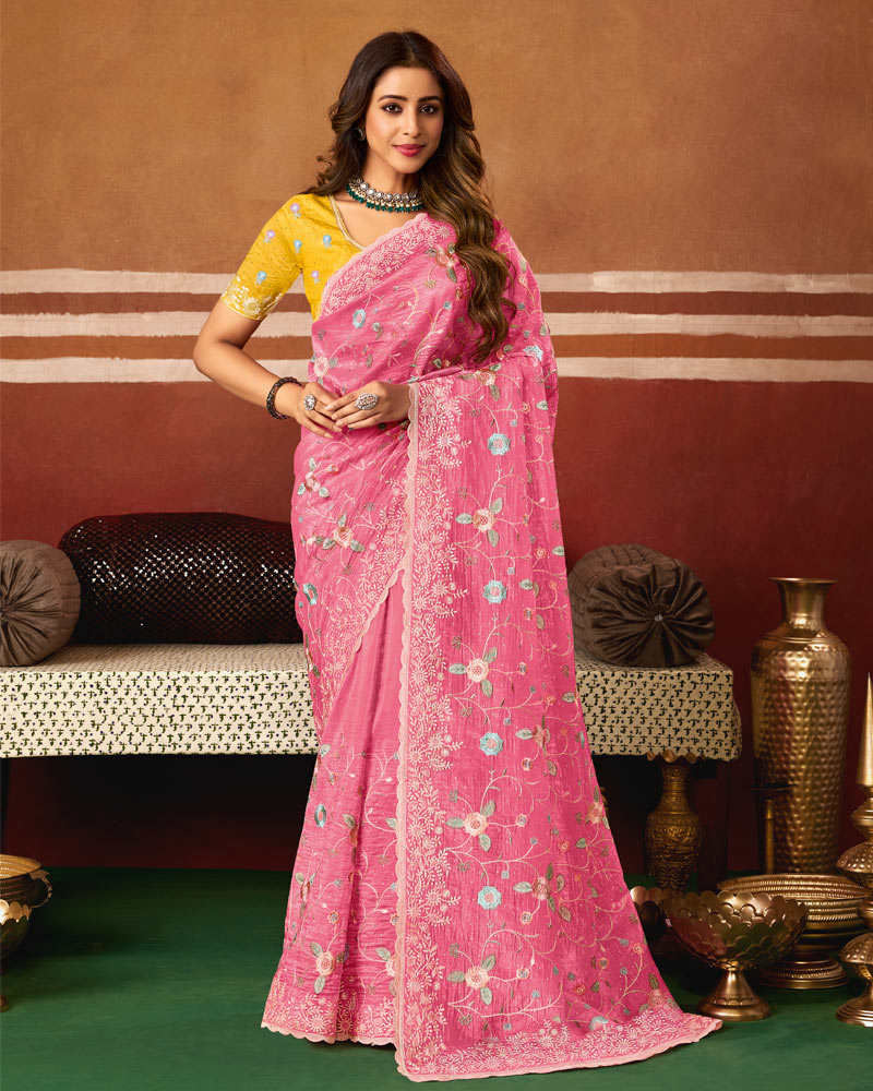 Bright Fushia Pink Designer Crushed Tissue Saree With Thread Embroidery-Diamond Work And Cut Work Embroidery Border