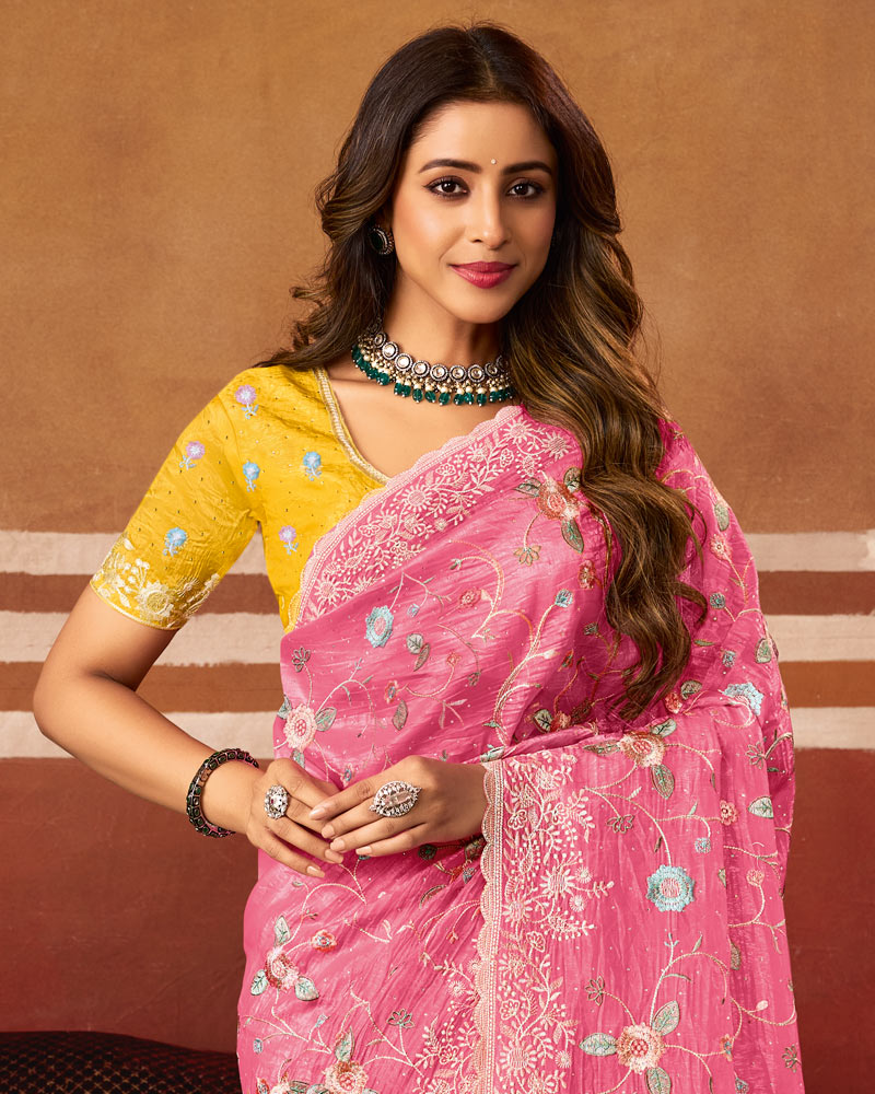 Bright Fushia Pink Designer Crushed Tissue Saree With Thread Embroidery-Diamond Work And Cut Work Embroidery Border
