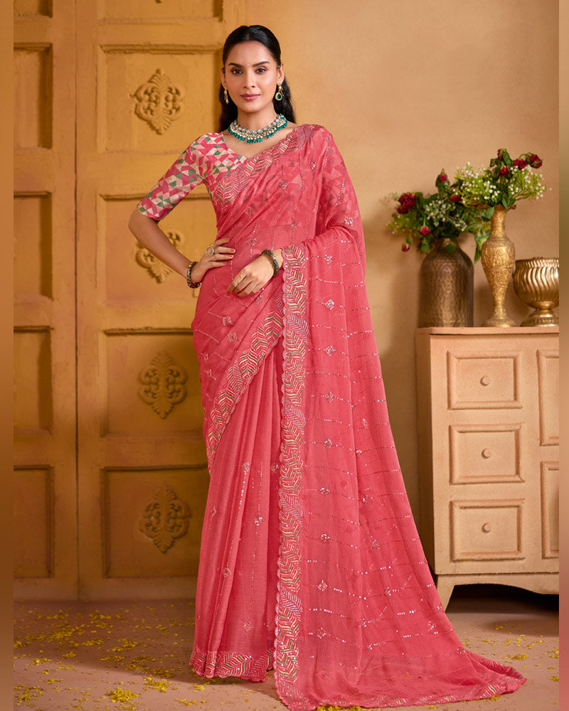 Light Carmine Pink Designer Fancy Chiffon Saree With Embroidery-Diamond-Moti Work And Cut Work Border