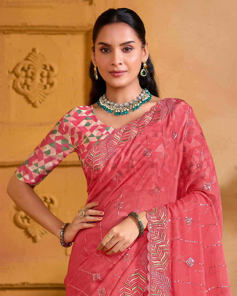 Light Carmine Pink Designer Fancy Chiffon Saree With Embroidery-Diamond-Moti Work And Cut Work Border