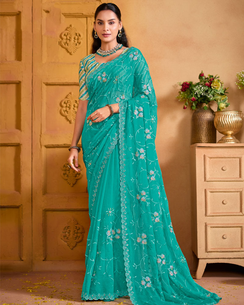 Persian Green Designer Fancy Chiffon Saree With Embroidery-Diamond-Moti Work And Cut Work Border