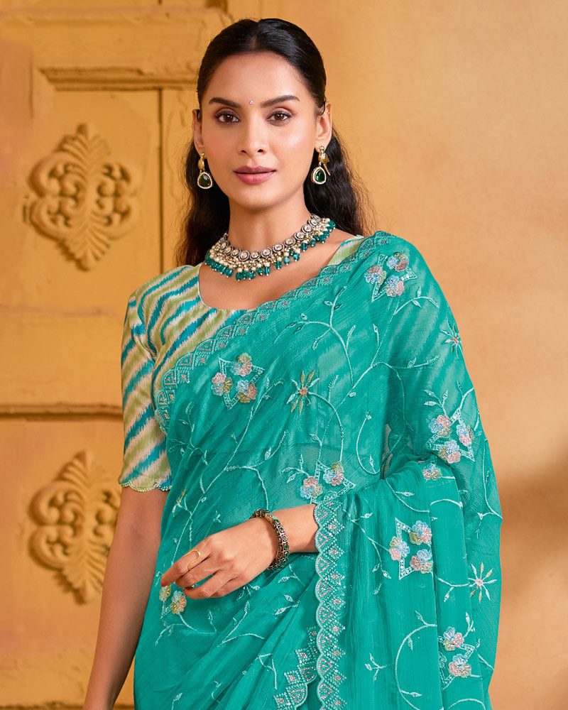 Persian Green Designer Fancy Chiffon Saree With Embroidery-Diamond-Moti Work And Cut Work Border