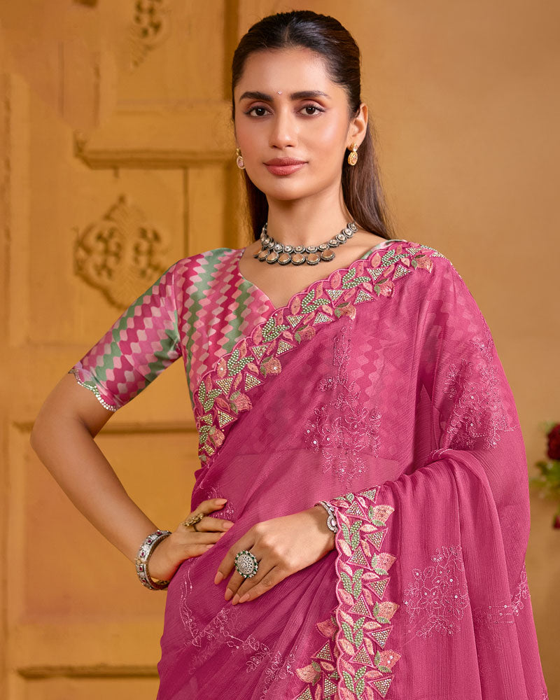 Dusty Rose Pink Designer Fancy Chiffon Saree With Embroidery-Diamond-Moti Work And Cut Work Border