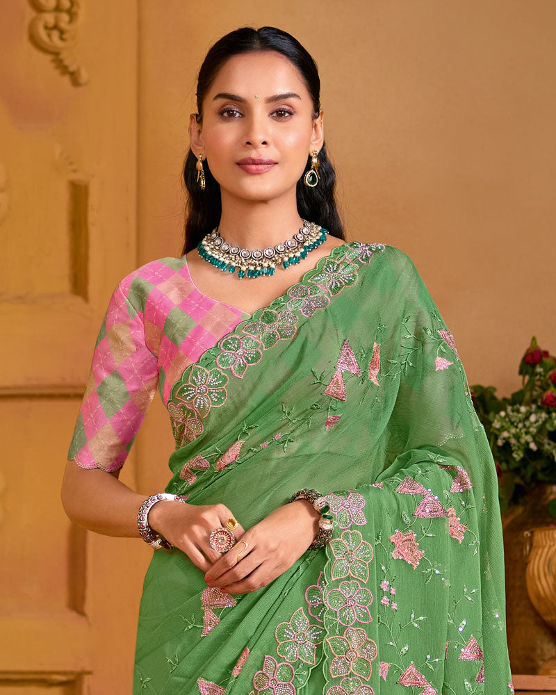 Moss Green Designer Fancy Chiffon Saree With Embroidery-Diamond-Moti Work And Cut Work Border
