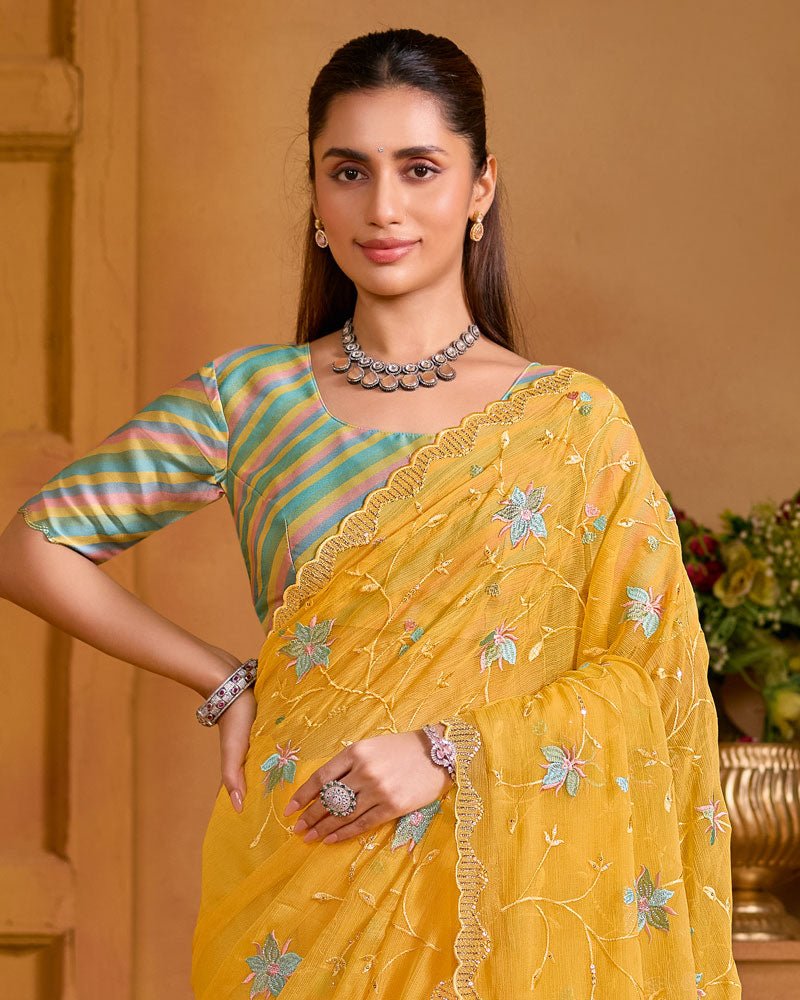 Mustard Yellow Designer Fancy Chiffon Saree With Embroidery-Diamond-Moti Work And Cut Work Border