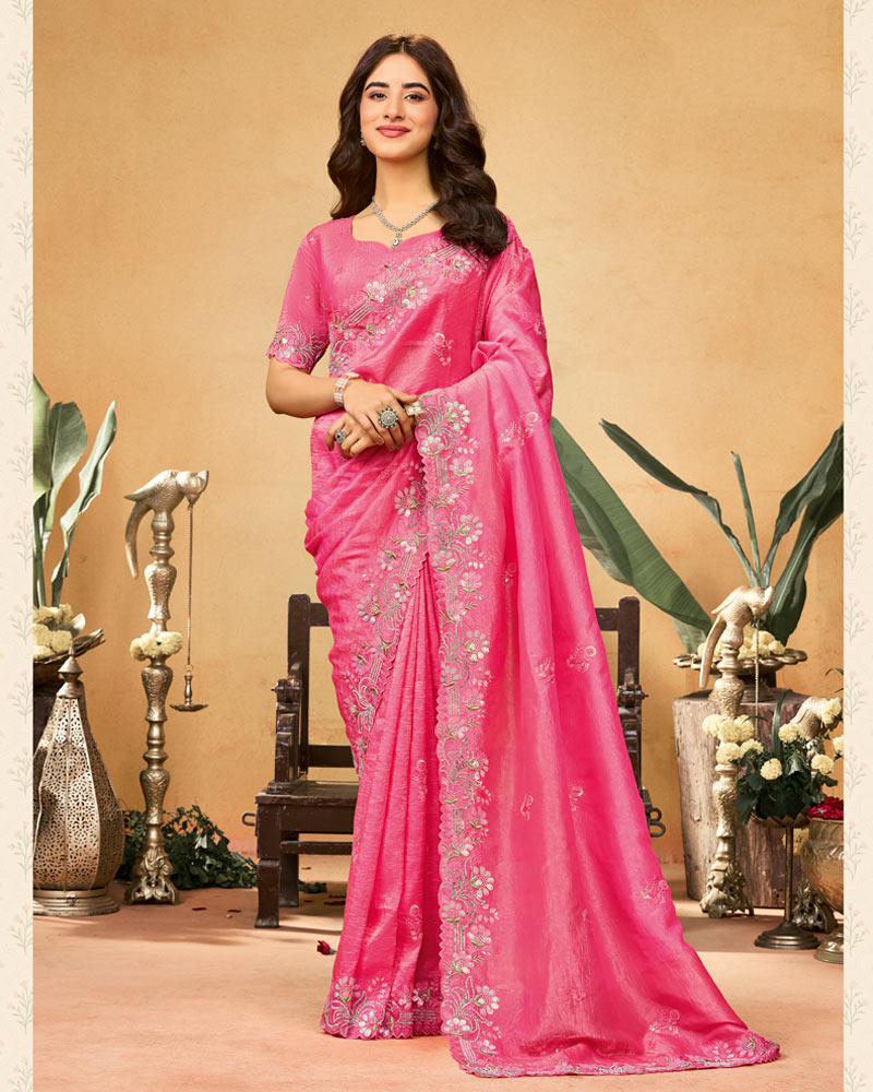 Rosy Pink Designer Gold Crush Saree With Embroidery-Diamond Work And Cut Work Border