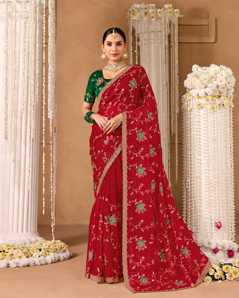 Sindoori Red Designer Chiffon Saree With Embroidery-Diamond Work And Cut Work Fancy Border
