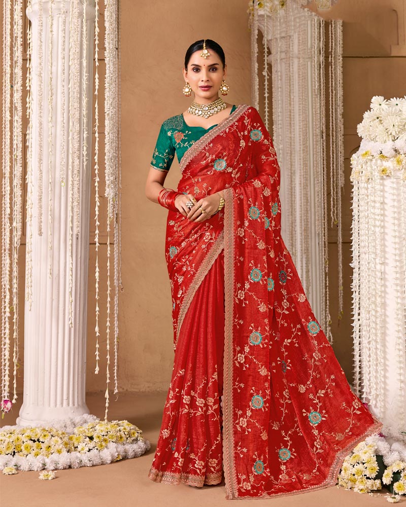 Red Designer Chiffon Saree With Embroidery-Diamond Work And Cut Work Fancy Border