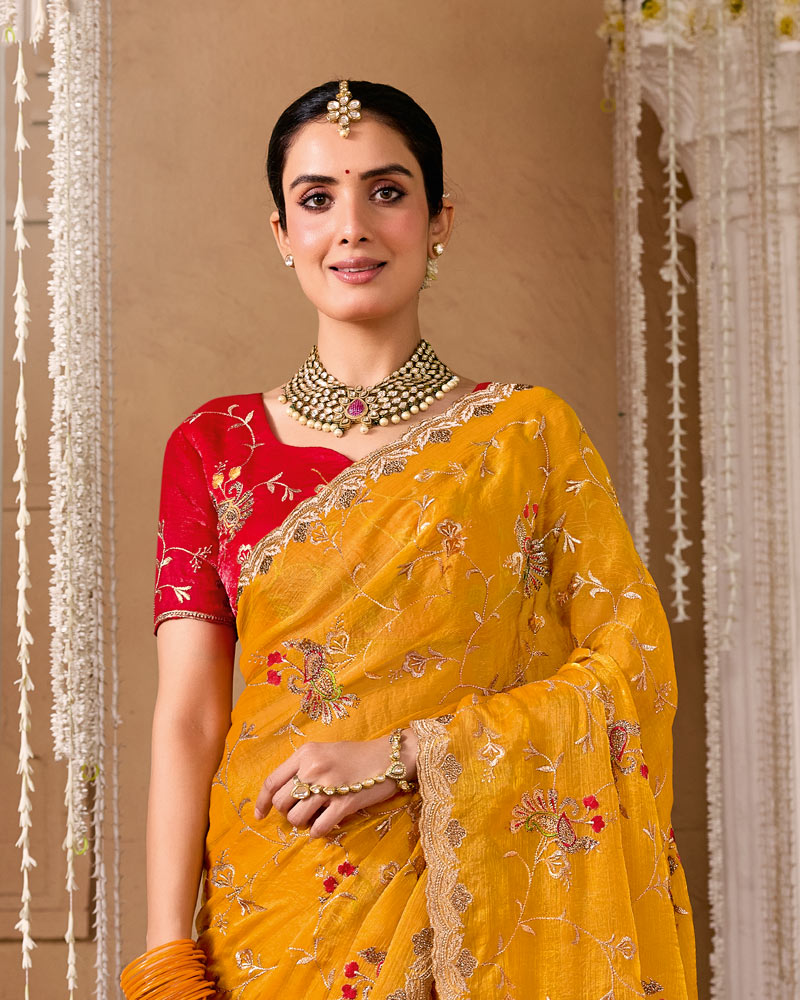 Bright Yellow Designer Chiffon Saree With Embroidery-Diamond Work And Cut Work Fancy Border