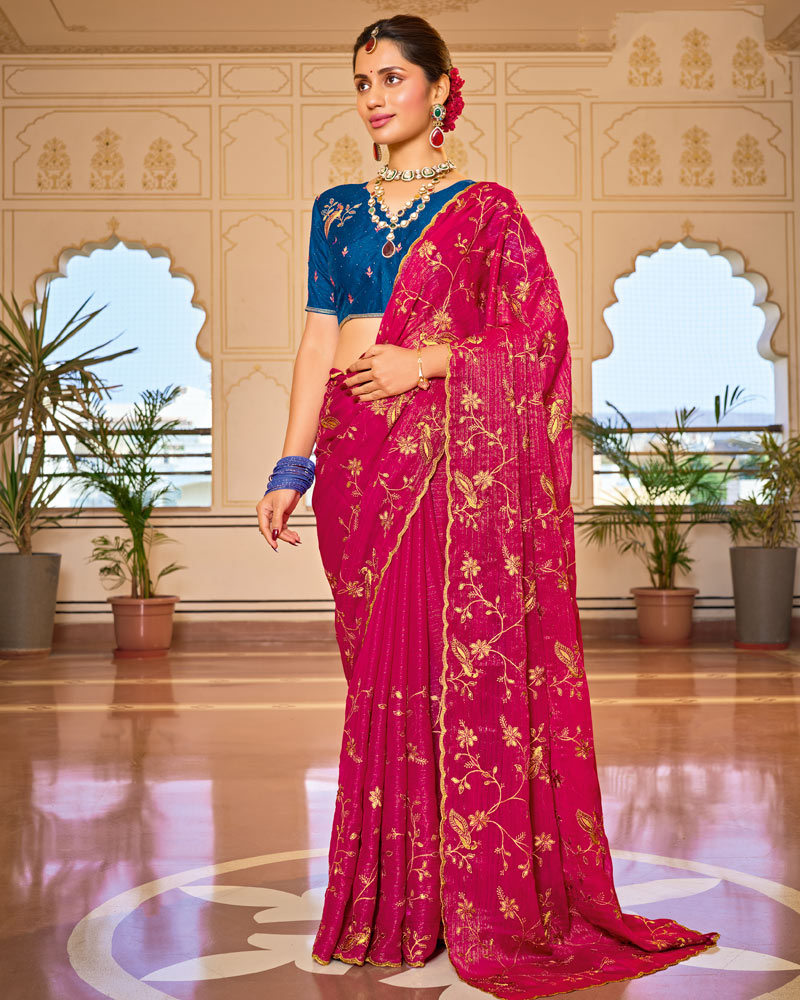 Magenta Pink Designer Chiffon-Georgette Saree With Zari-Embroidery-Diamond Work And Cut Work Border