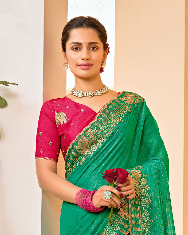 Leaf Green Designer Chiffon-Georgette Saree With Zari-Embroidery-Diamond Work And Cut Work Border