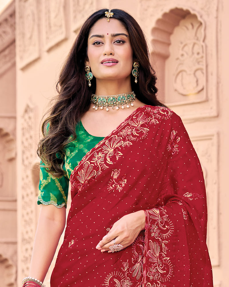 Vivid Burgundy Designer Fancy Chiffon Saree With Embroidery-Diamond Work And Cut Work Border