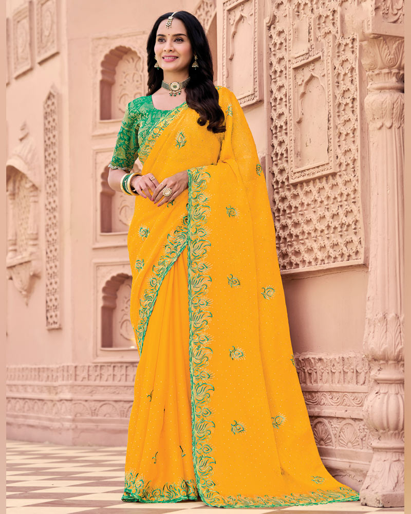 Orangey Yellow Designer Fancy Chiffon Saree With Embroidery-Diamond Work And Cut Work Border