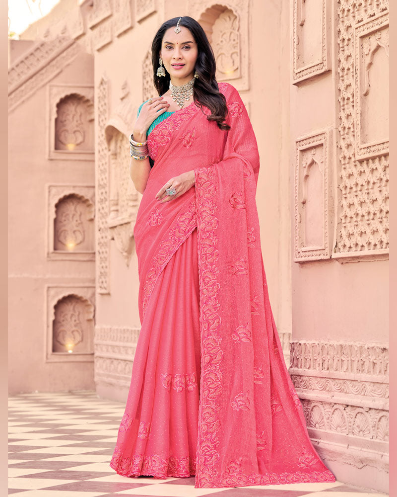 Warm Rose Pink Designer Fancy Chiffon Saree With Embroidery-Diamond Work And Cut Work Border