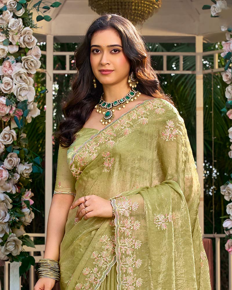Pistachio Green Designer Fancy Satin Saree With Embroidery-Diamond Work And Cut Work Border