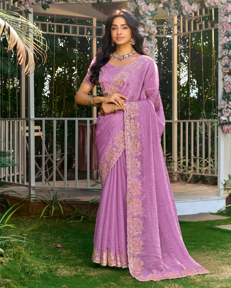 Mauve Designer Fancy Satin Saree With Embroidery-Diamond Work And Cut Work Border