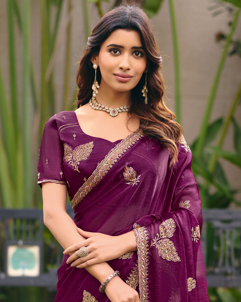 Wine Designer Fancy Chiffon Saree With Zari Embroidery Diamond Work And Cut Work Embroidery Border