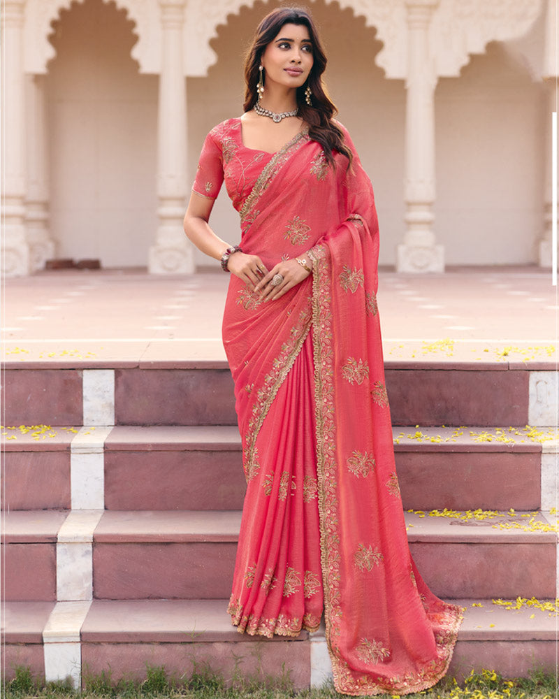 Fushia Pink Designer Fancy Chiffon Saree With Zari Embroidery Diamond Work And Cut Work Embroidery Border