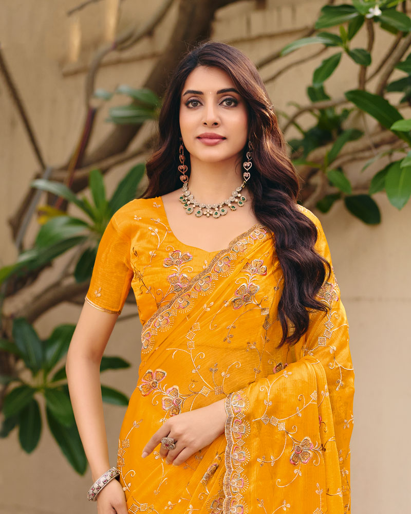 Yellow Designer Fancy Chiffon Saree With Zari Embroidery Diamond Work And Cut Work Embroidery Border