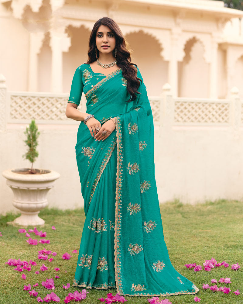 Teal Green Designer Fancy Chiffon Saree With Zari Embroidery Diamond Work And Cut Work Embroidery Border