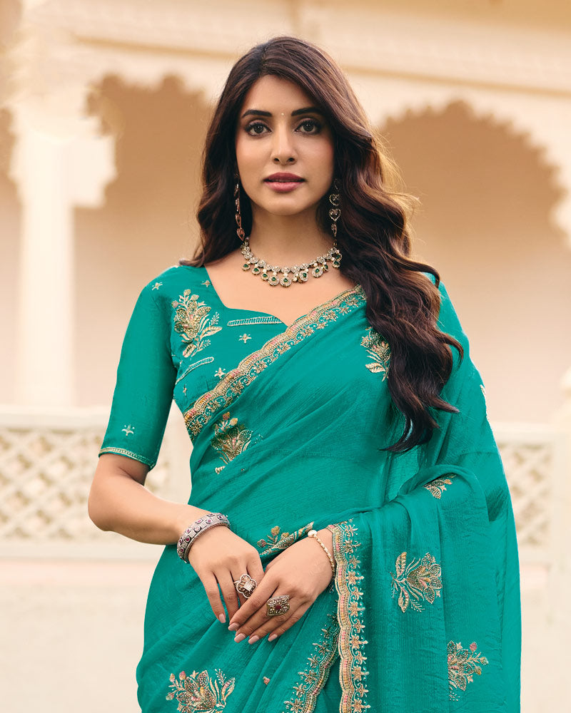Teal Green Designer Fancy Chiffon Saree With Zari Embroidery Diamond Work And Cut Work Embroidery Border