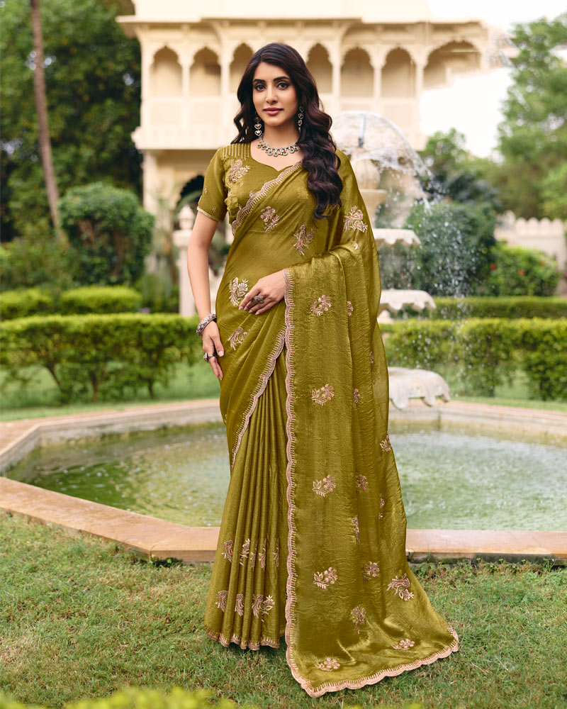 Olive Green Designer Fancy Chiffon Saree With Zari Embroidery Diamond Work And Cut Work Embroidery Border
