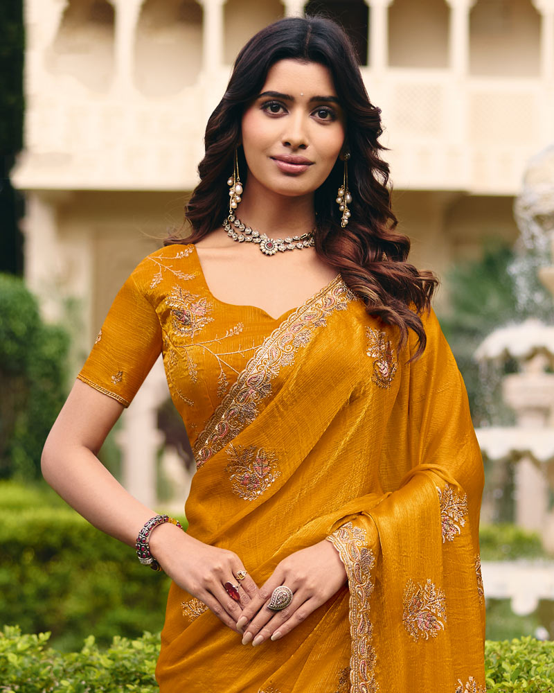 Mustard Designer Fancy Chiffon Saree With Zari Embroidery Diamond Work And Cut Work Embroidery Border