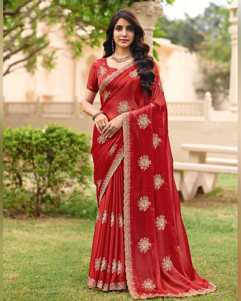 Red Designer Fancy Chiffon Saree With Zari Embroidery Diamond Work And Cut Work Embroidery Border