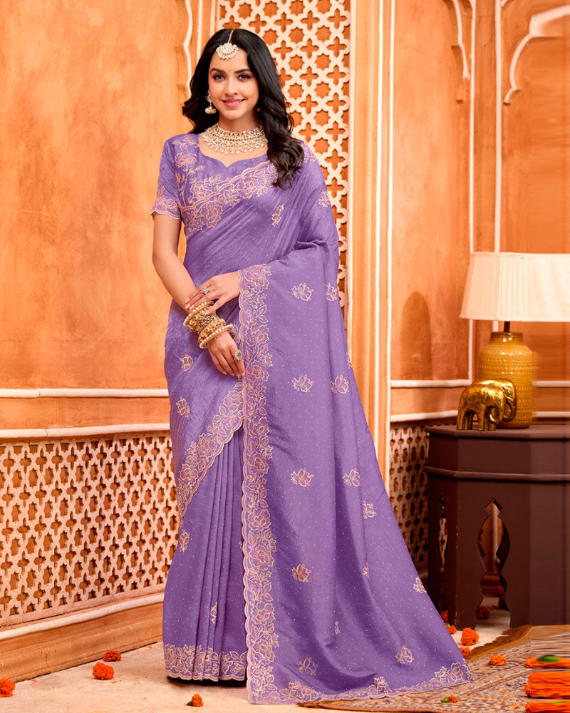 Dusty Lavender Designer Crushed Tissue Saree With Zari-Embroidery-Diamond Work And Cut Work Border