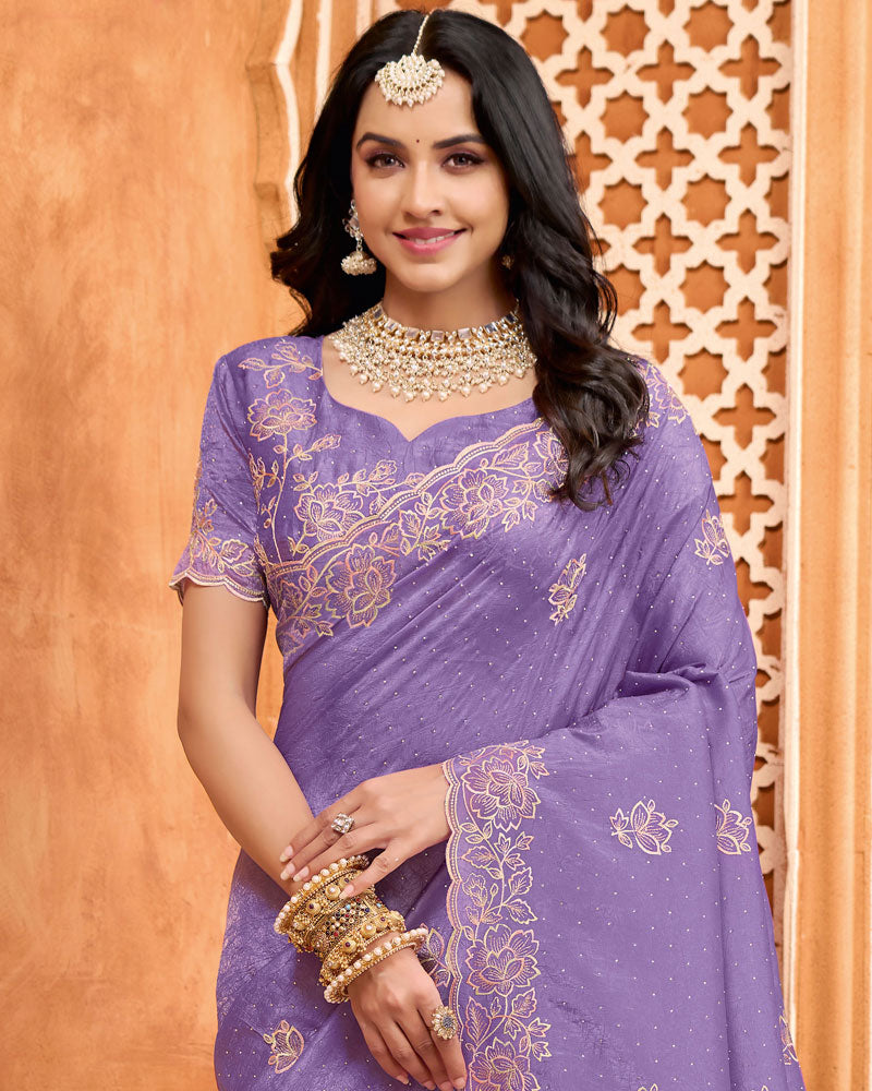 Lavender Purple Designer Gold Crush Saree With Embroidery-Diamond Work And Cut Work Border