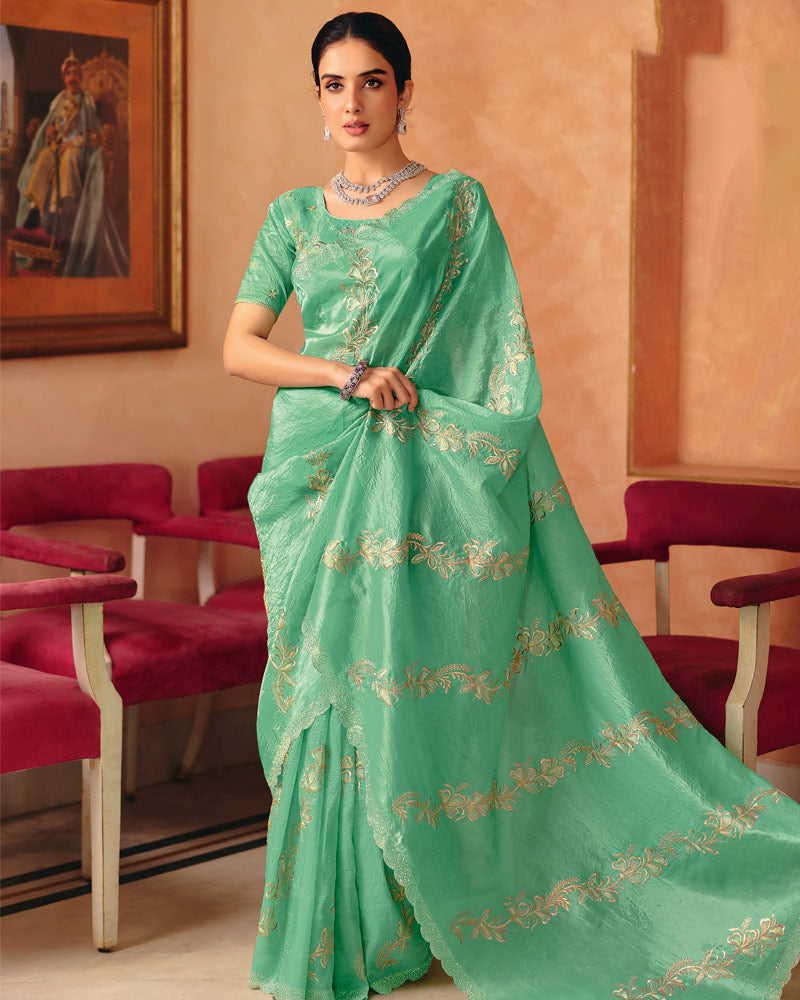 Vishal Prints Mint Green Designer Crushed Tissue Saree With Diamond Work And Cut Work Embroidery Border