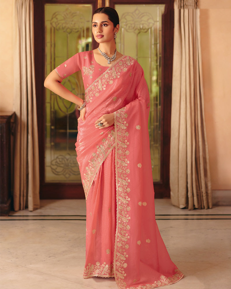 Vishal Prints Fushia Peach Designer Crushed Tissue Saree With Diamond Work And Cut Work Embroidery Border
