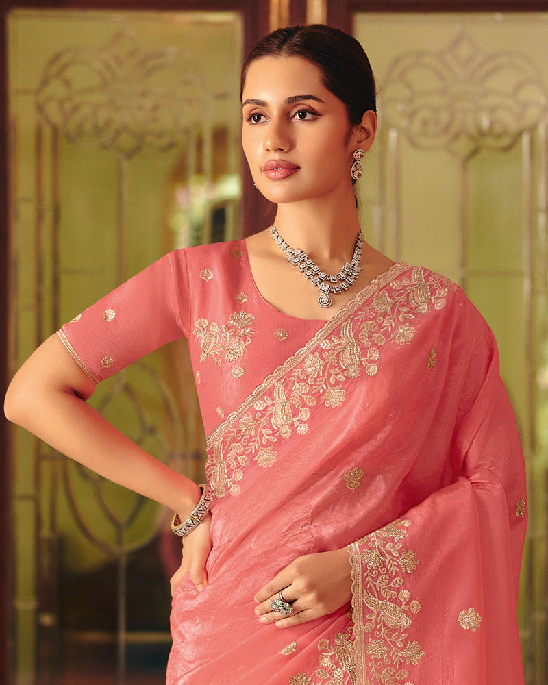 Vishal Prints Fushia Peach Designer Crushed Tissue Saree With Diamond Work And Cut Work Embroidery Border