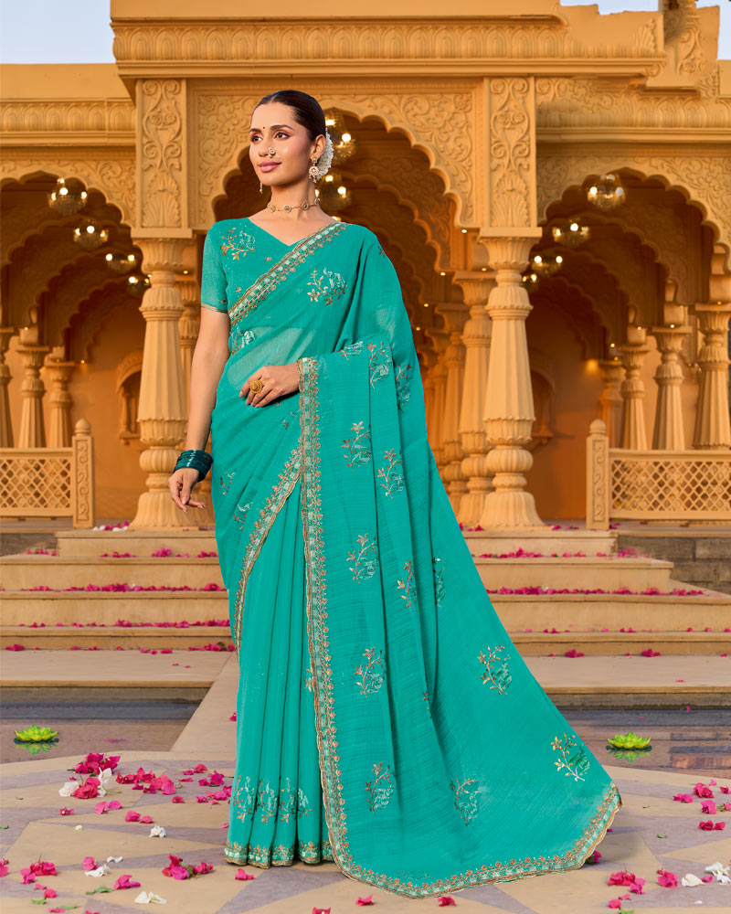 Ice Blue Designer Fancy Chiffon Saree With Zari-Embroidery-Diamond Work And Cut Work Border
