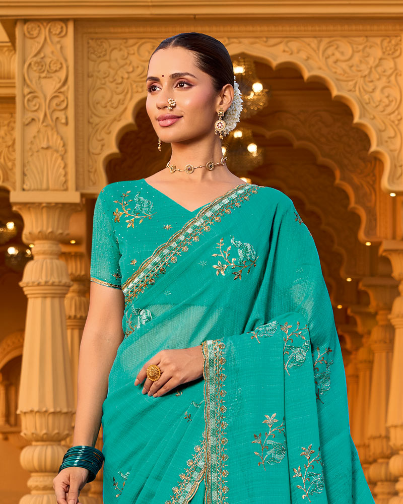 Ice Blue Designer Fancy Chiffon Saree With Zari-Embroidery-Diamond Work And Cut Work Border