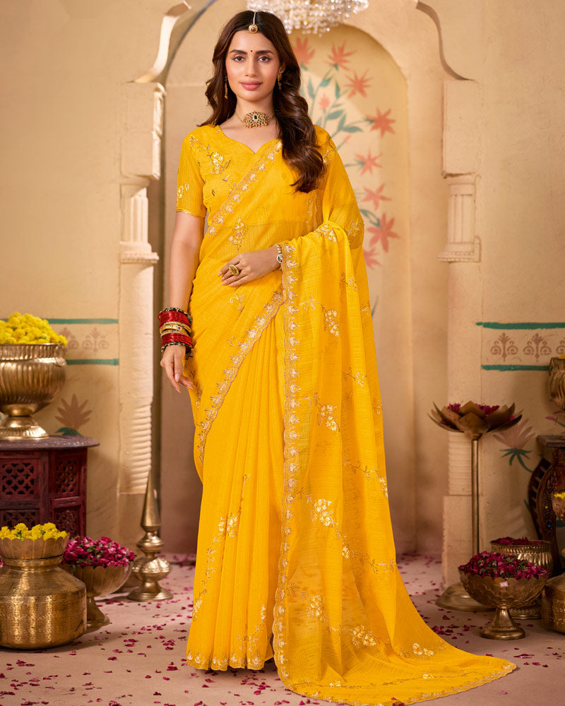 Bright Yellow Designer Chiffon Saree With Zari-Resham-Embroidery Work And Cut Work Embroidery Border