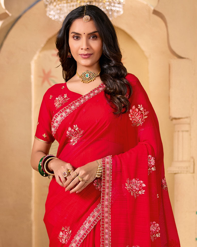 Sindoori Red Designer Chiffon Saree With Zari-Resham-Embroidery Work And Cut Work Embroidery Border